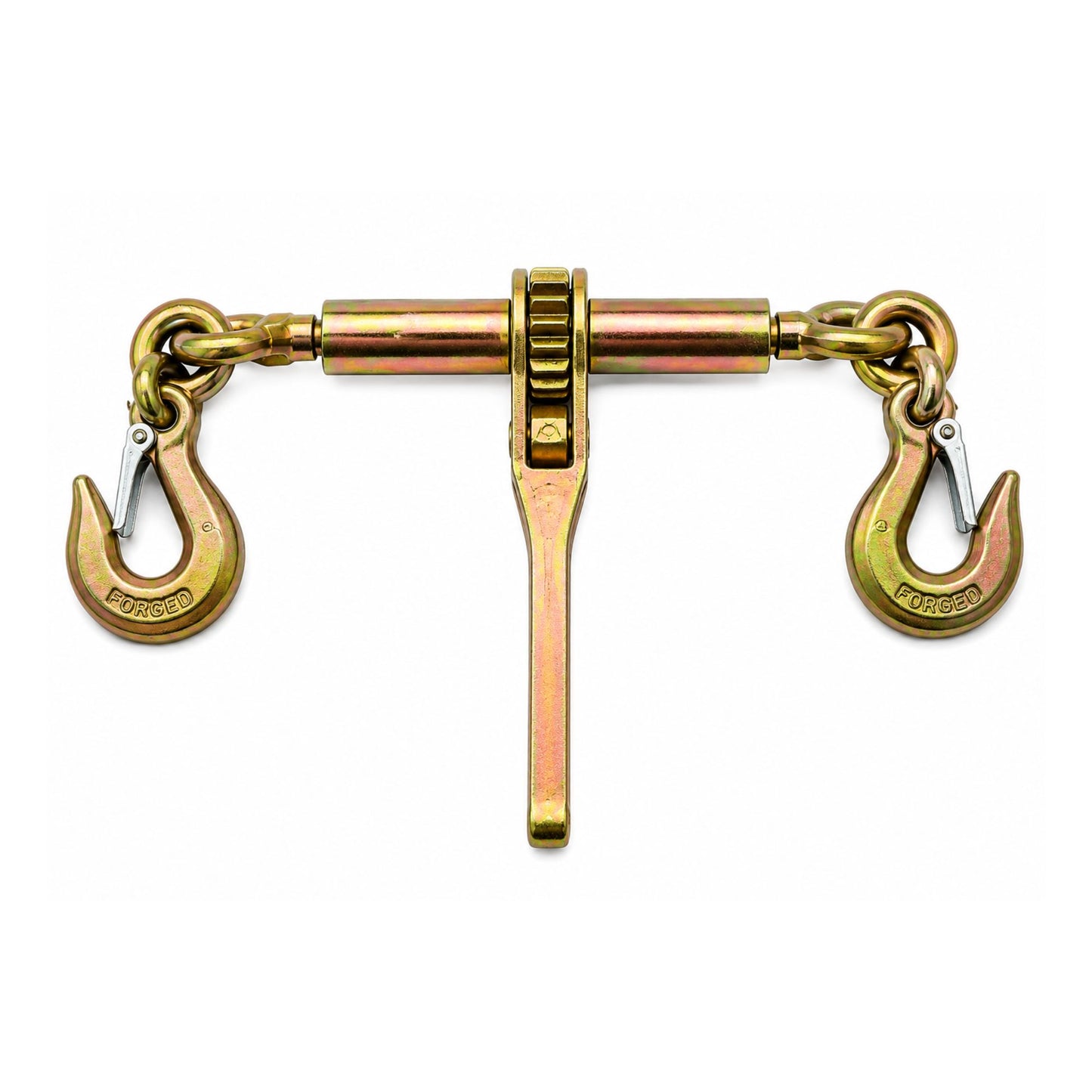 Ratchet Type Load Binder with 360° Swivel Grab Hooks for 3/8-inch to 1/2-inch Grade 70 Transport Chain, Golden Finish