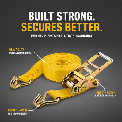 25mm x 15 Ft Heavy Duty Ratchet Tie Down Strap with J Hooks