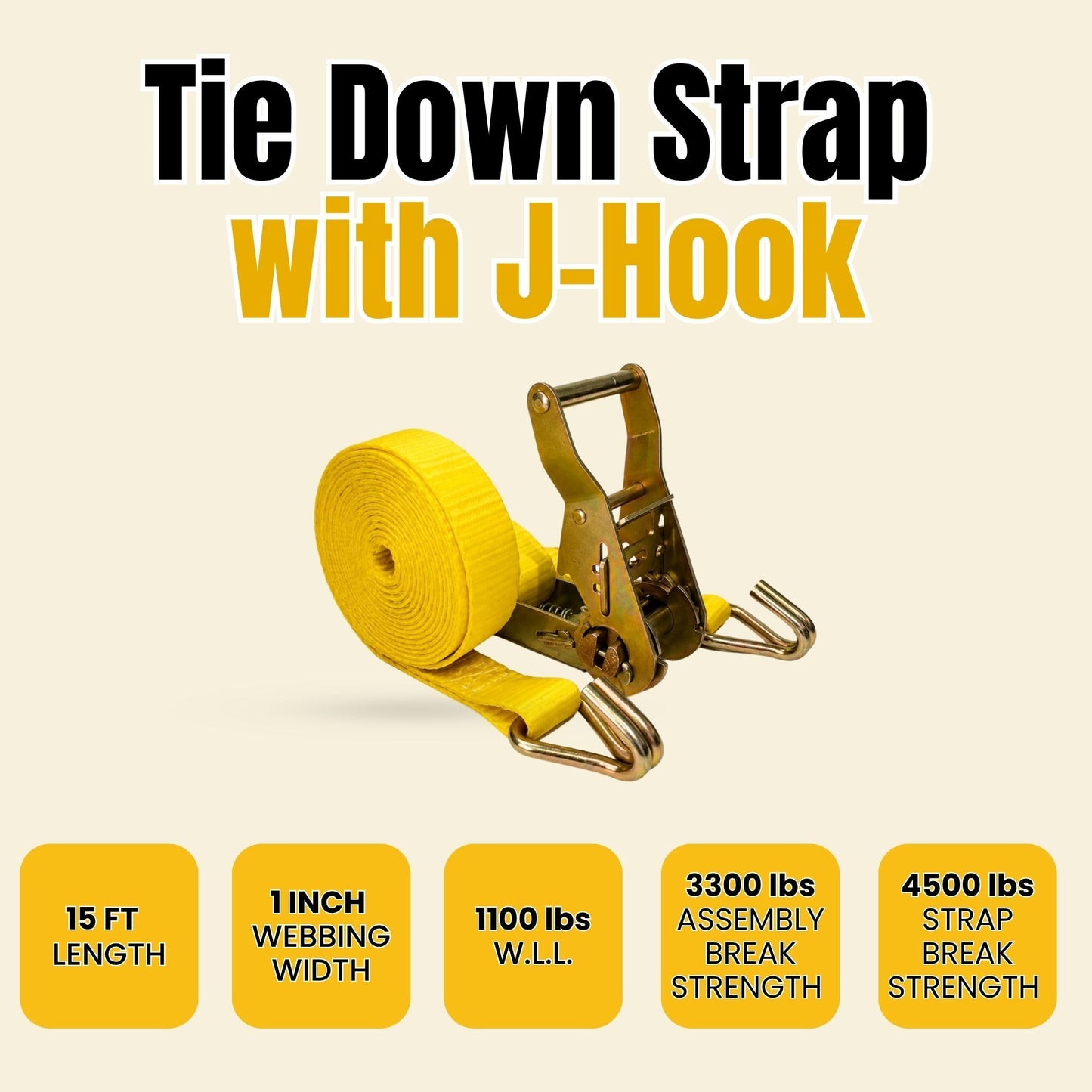 1" x 15' Ratchet Strap w/ J-Hook