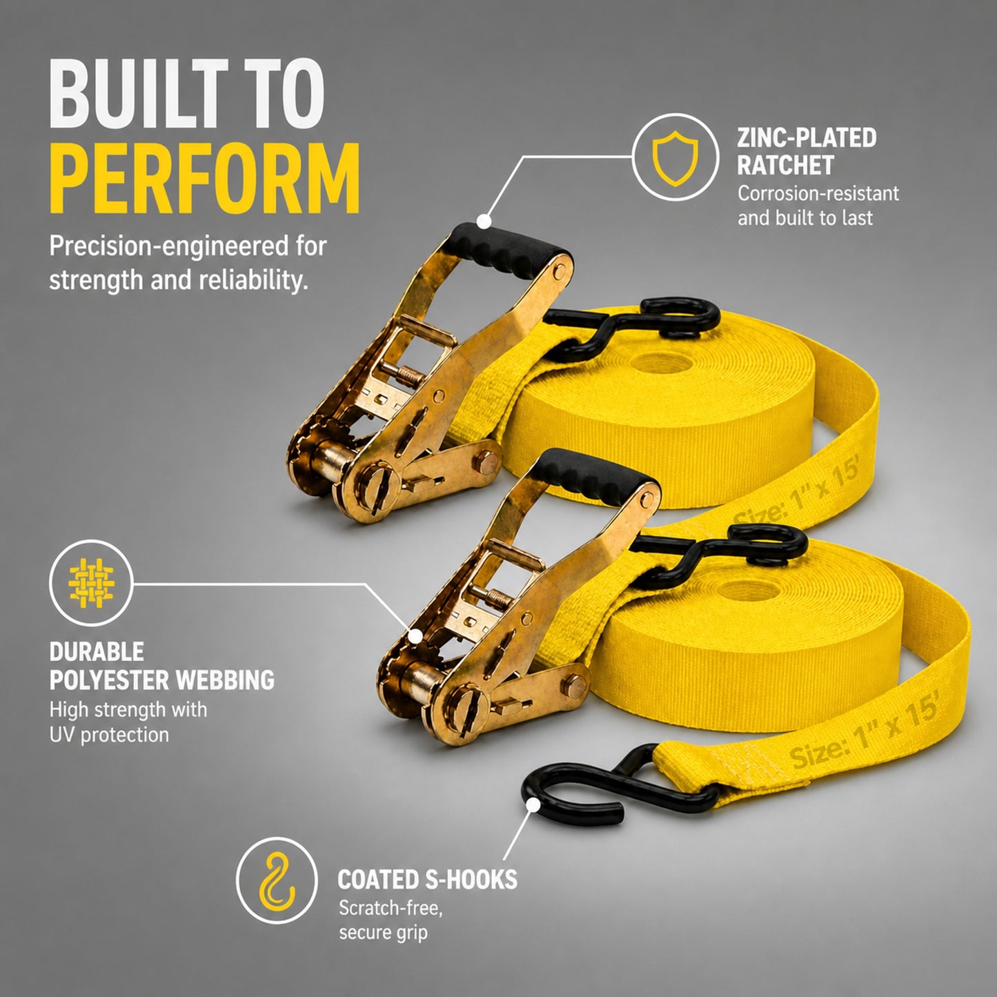 25mm x 15 Ft Heavy Duty Ratchet Tie Down Straps with S Hooks