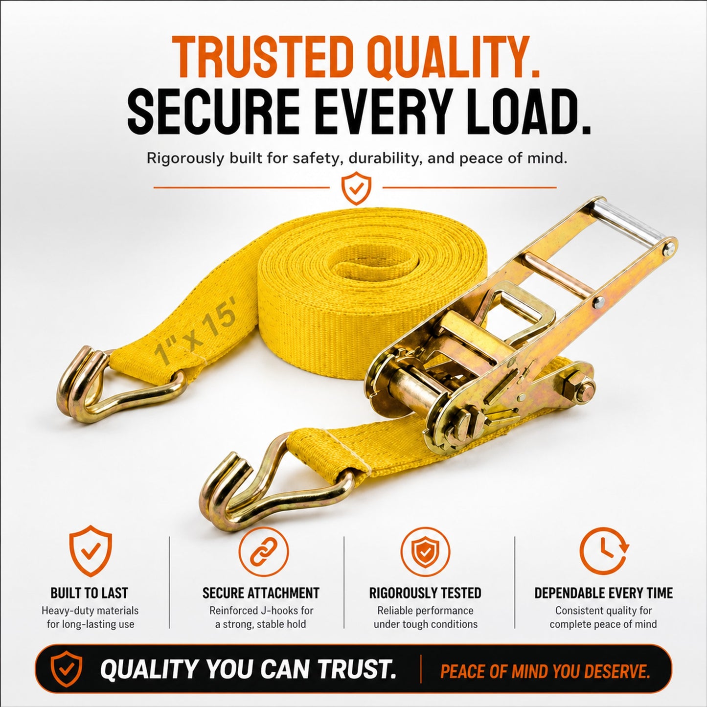 25mm x 15 Ft Heavy Duty Ratchet Tie Down Strap with J Hooks