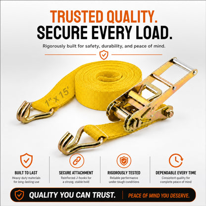 25mm x 15 Ft Heavy Duty Ratchet Tie Down Strap with J Hooks