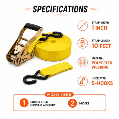 25mm x 10 Ft Heavy Duty Ratchet Tie Down Straps with S Hooks
