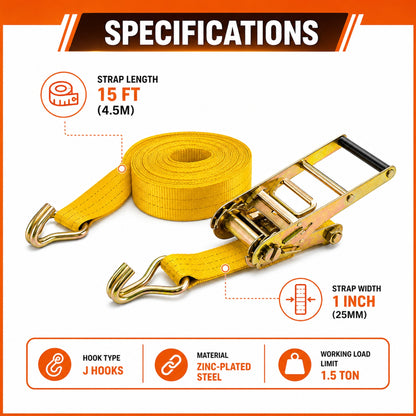 25mm x 15 Ft Heavy Duty Ratchet Tie Down Strap with J Hooks