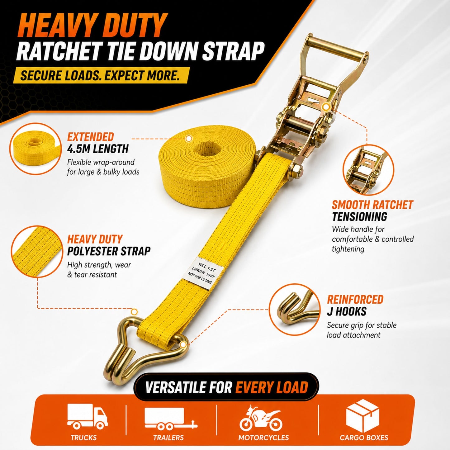 25mm x 15 Ft Heavy Duty Ratchet Tie Down Strap with J Hooks