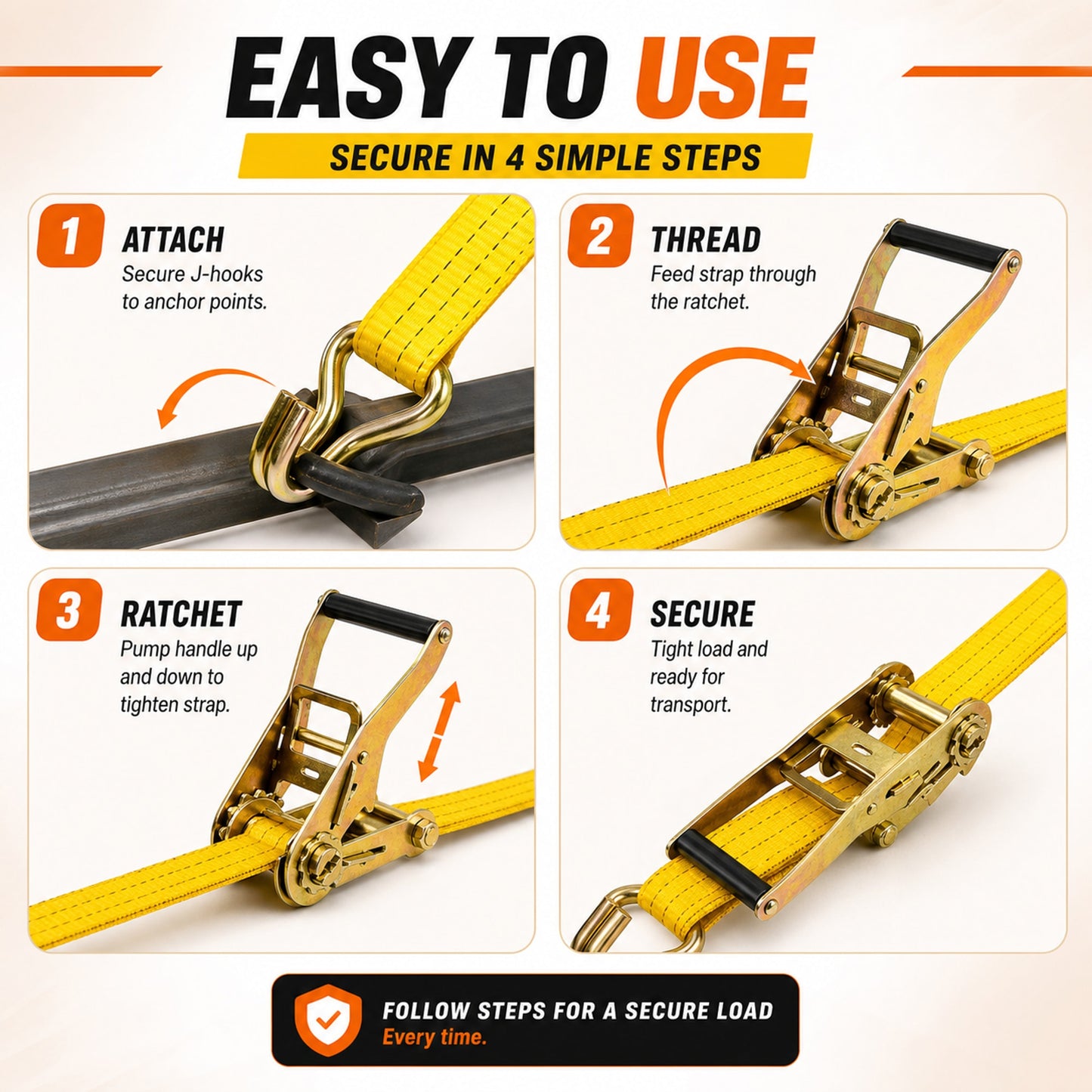 25mm x 15 Ft Heavy Duty Ratchet Tie Down Strap with J Hooks