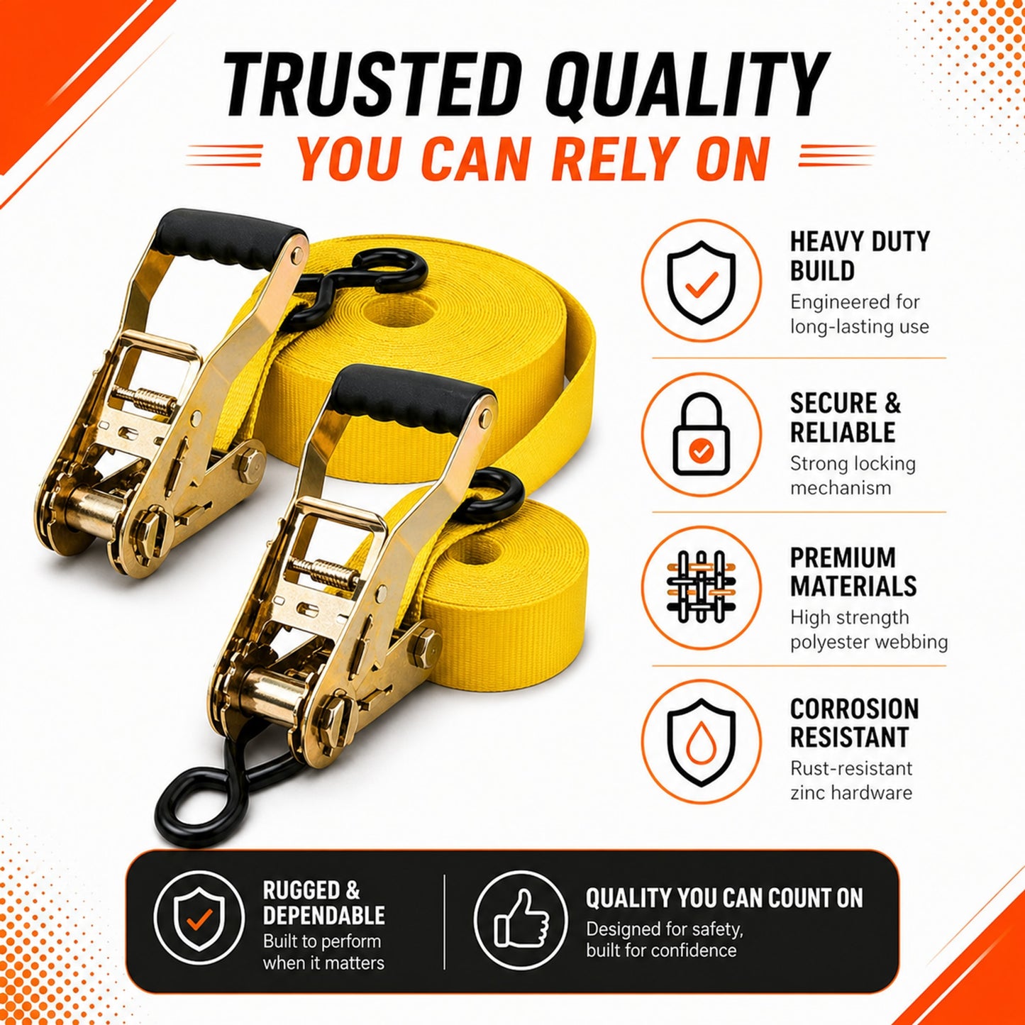 25mm x 15 Ft Heavy Duty Ratchet Tie Down Straps with S Hooks