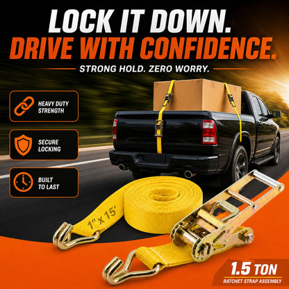 25mm x 15 Ft Heavy Duty Ratchet Tie Down Strap with J Hooks