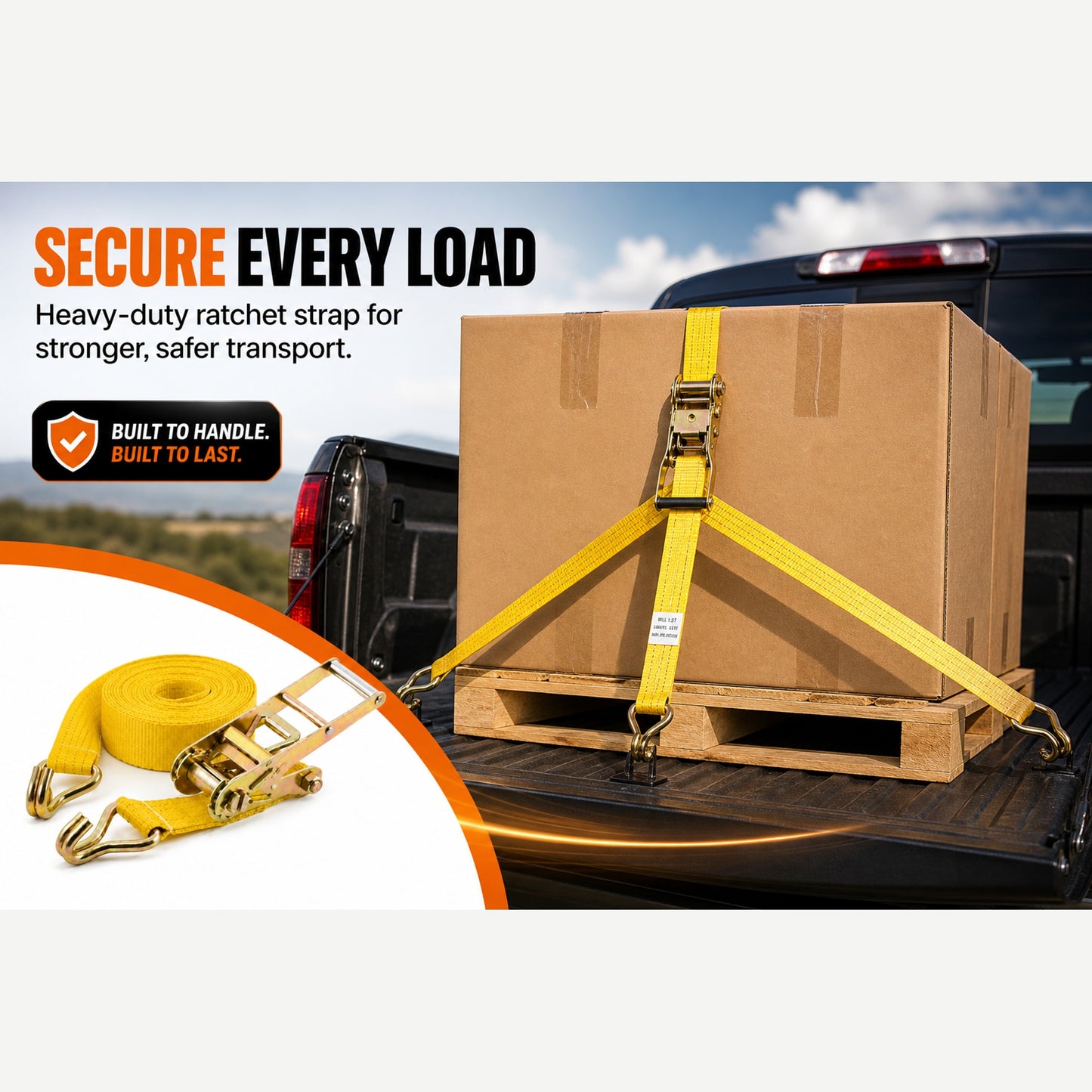 25mm x 15 Ft Heavy Duty Ratchet Tie Down Strap with J Hooks
